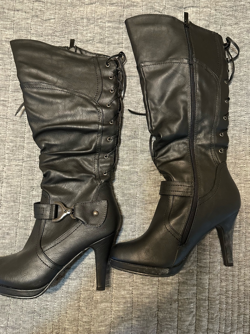 Black Zip and Lace-Up Knee-High Heeled Boots - Picture 2 of 6